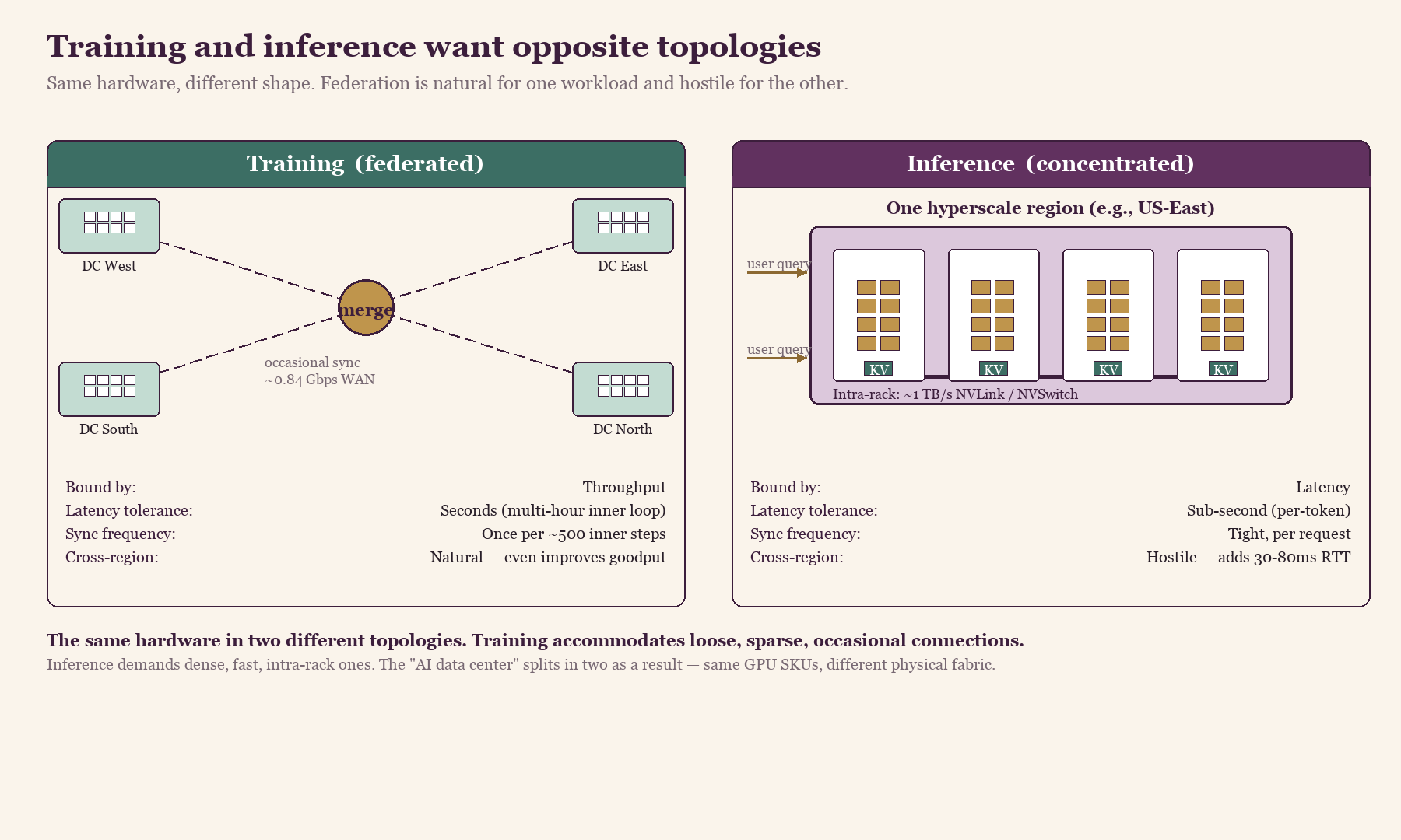 Fig. 8 — Training and inference want opposite topologies