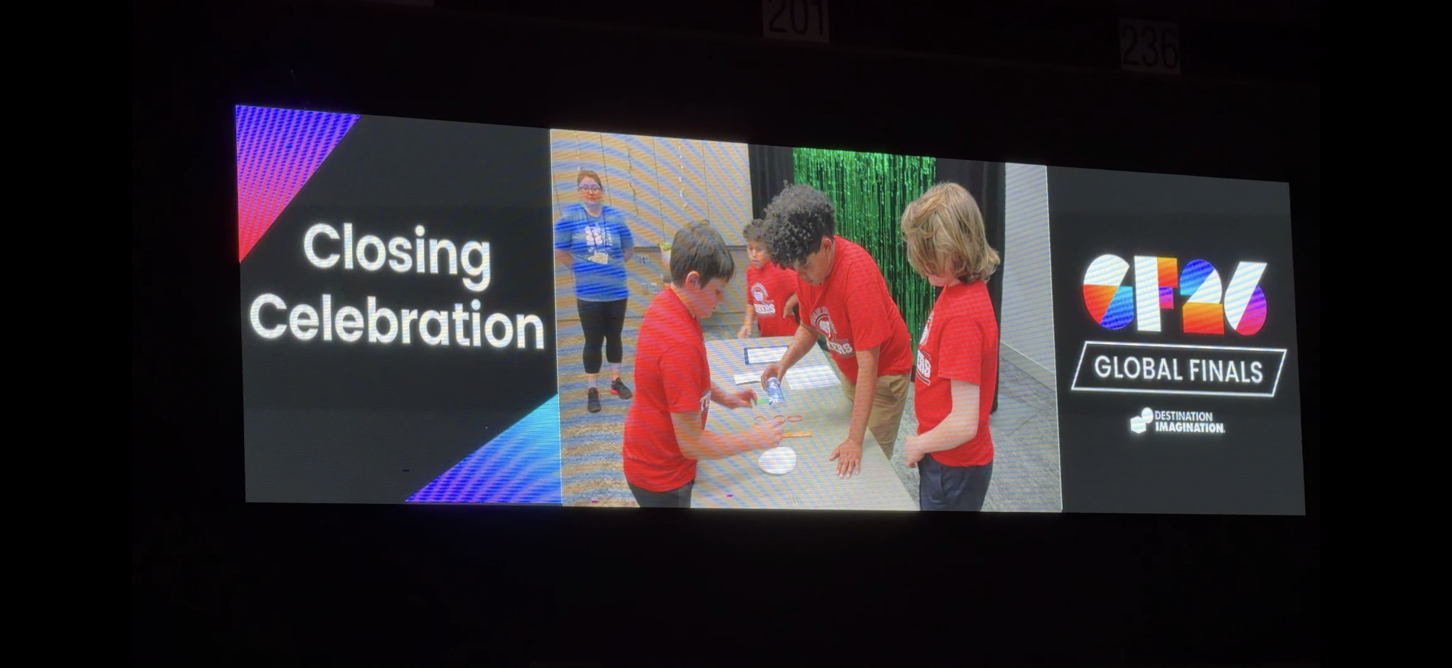 Fig. 13c — The Brilliant Bros' Instant Challenge moment on the closing-ceremony big screen