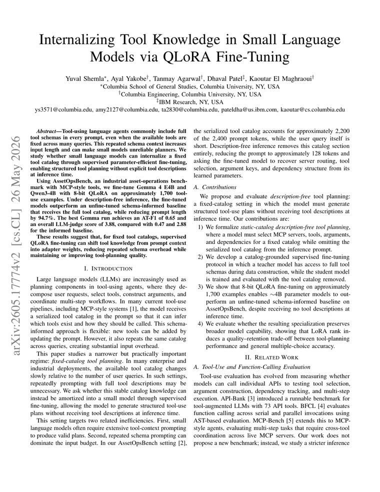 First page of the QLoRA tool-knowledge internalization paper